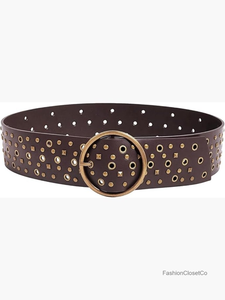 Wide Studded Waist Belt With Round Buckle Grommet Faux Leather